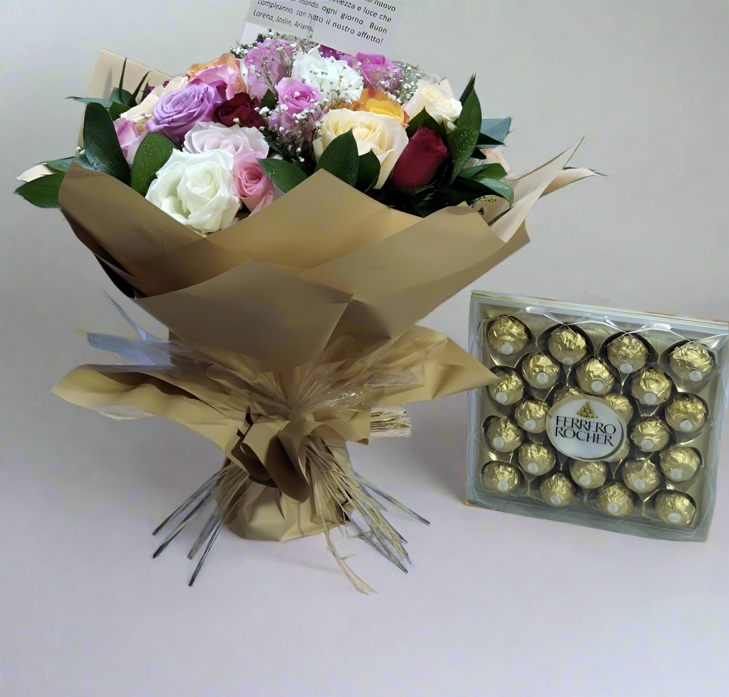 24 Mix Rose Bouquet With Ferrero Rocher