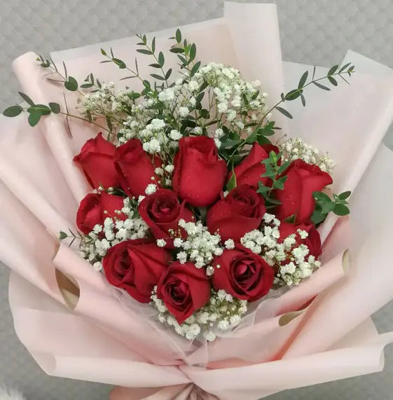 12 Red Rose Bouquet With Baby's Breath