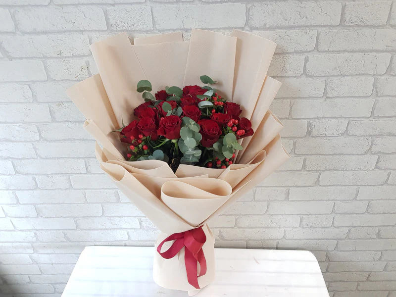 15 Red Roses With Eucalyptus and Hypericum