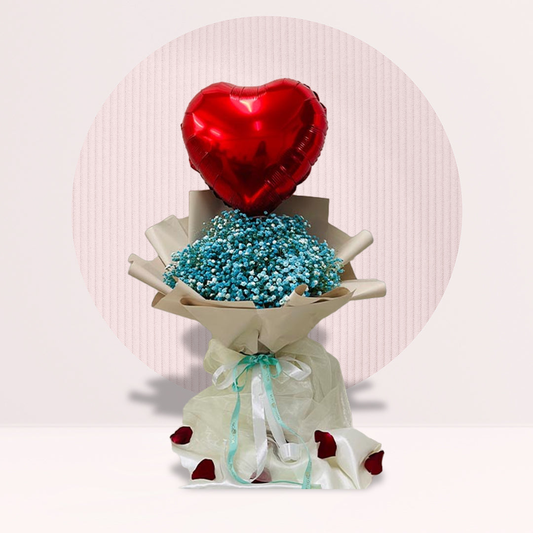 Blue Baby's Breath With Heart Balloon