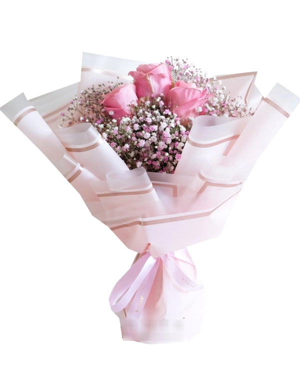 3 Pink Rose With Pink Baby's Breath