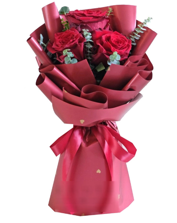 3 Red Rose Bouquet With Eucalyptus