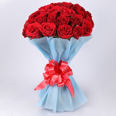 24 Red Rose With Blue Wrapping