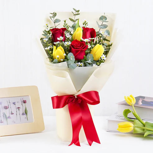 6 Red Roses And Yellow Tulips