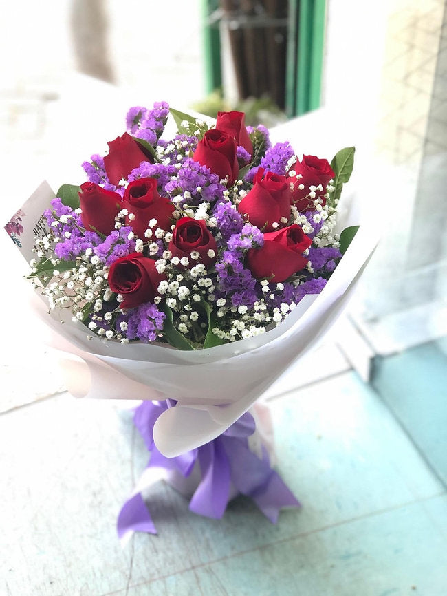 10 Red Roses with Purple Statice