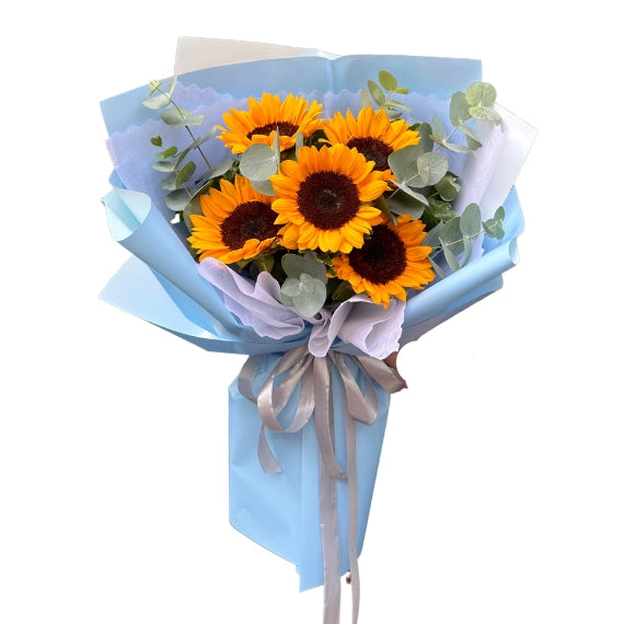 6 Sunflower Bouquet With Blue Wrapping