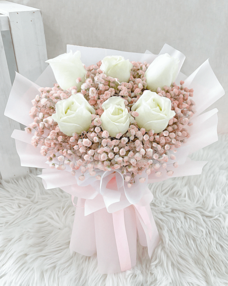 6 White Rose With Pink Babys breath