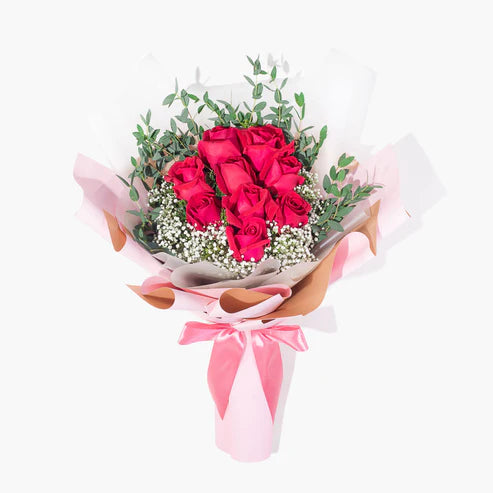 9 Red Rose Bouquet With Eucalyptus