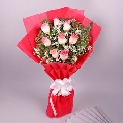 8 Double Pink Rose Bouquet