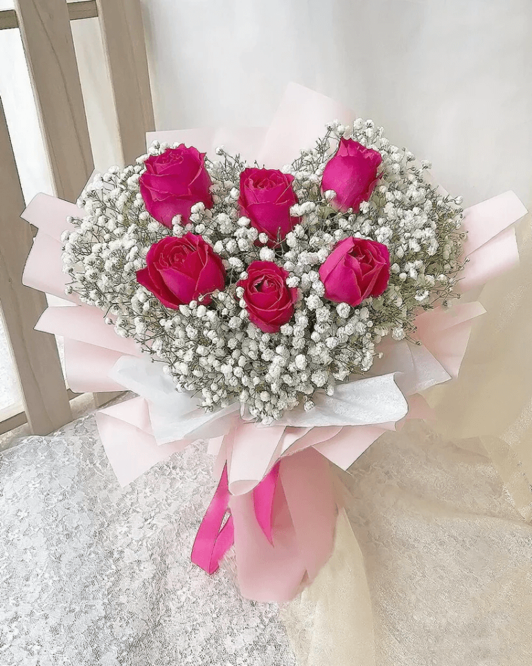 6 Fuchsia Pink Rose Heart Shape