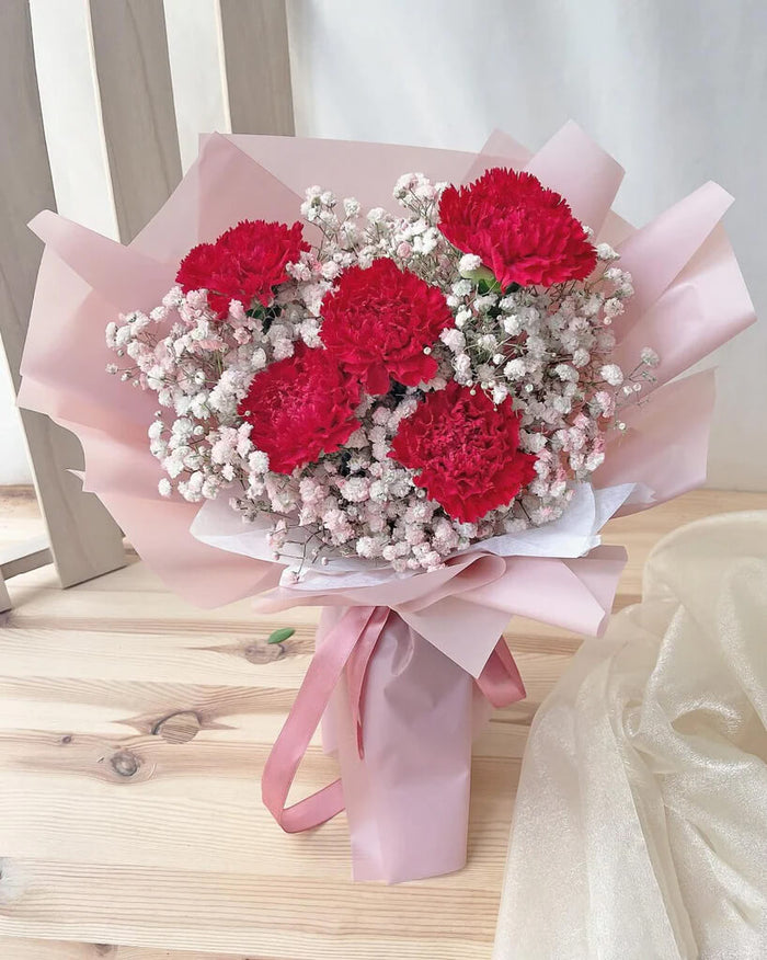 5 Red Carnation Bouquet with Baby's Breath CheapFlowers.ae