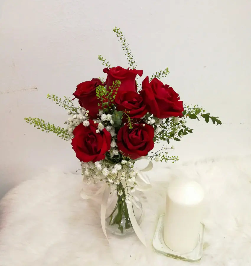 6 Red Roses In Vase