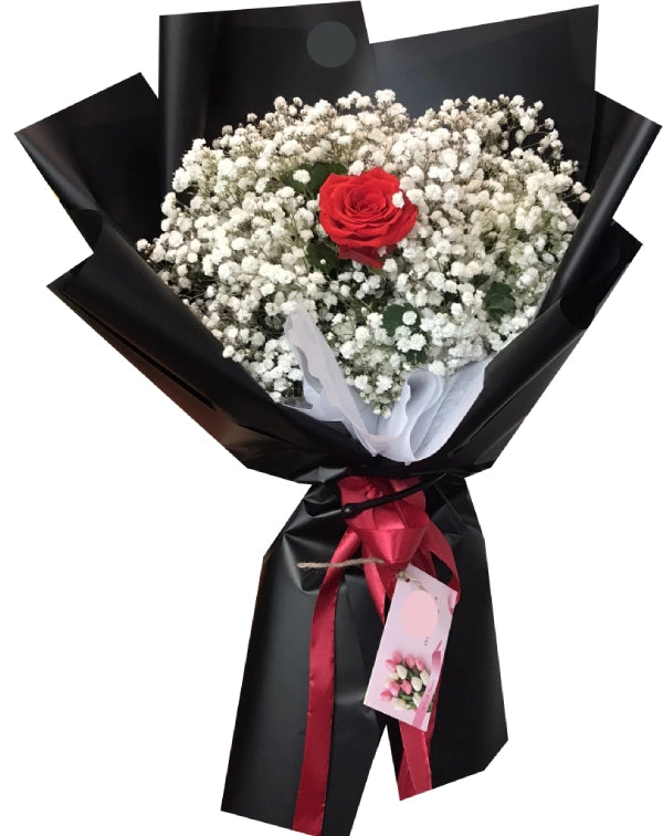 Single Red Rose Bouquet With Baby's Breath