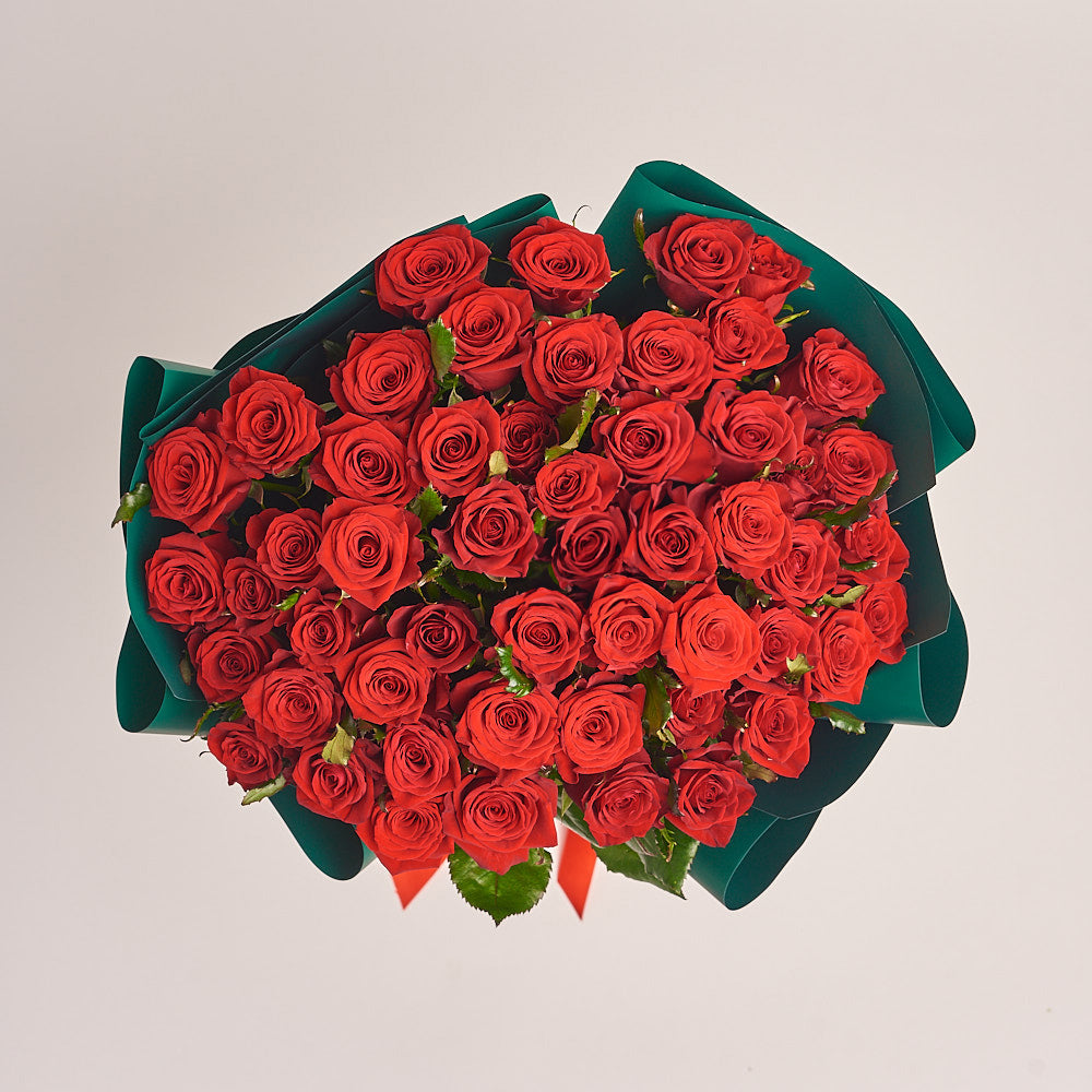 51 Red Rose Bouquet With Green Wrapping