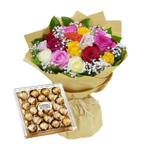 24 Mix Rose Bouquet With Ferrero Rocher