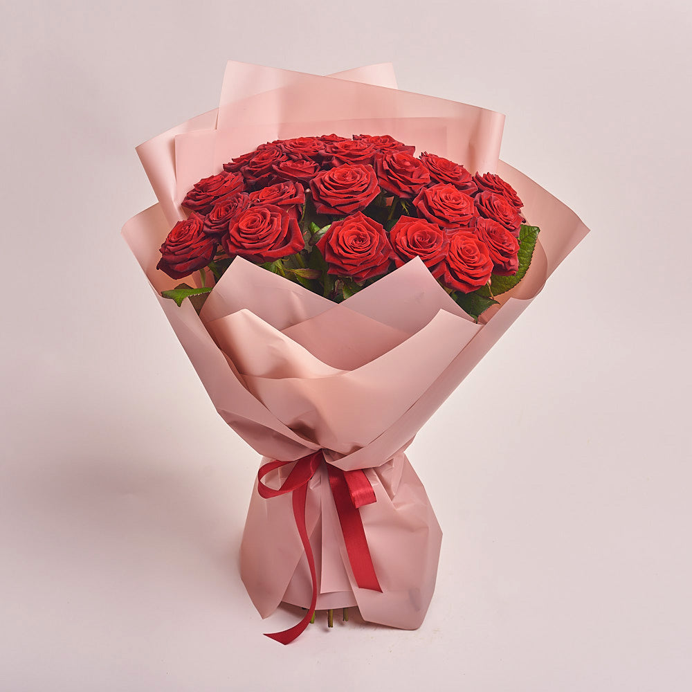 25 Red Rose Bouquet Pink Wrapping