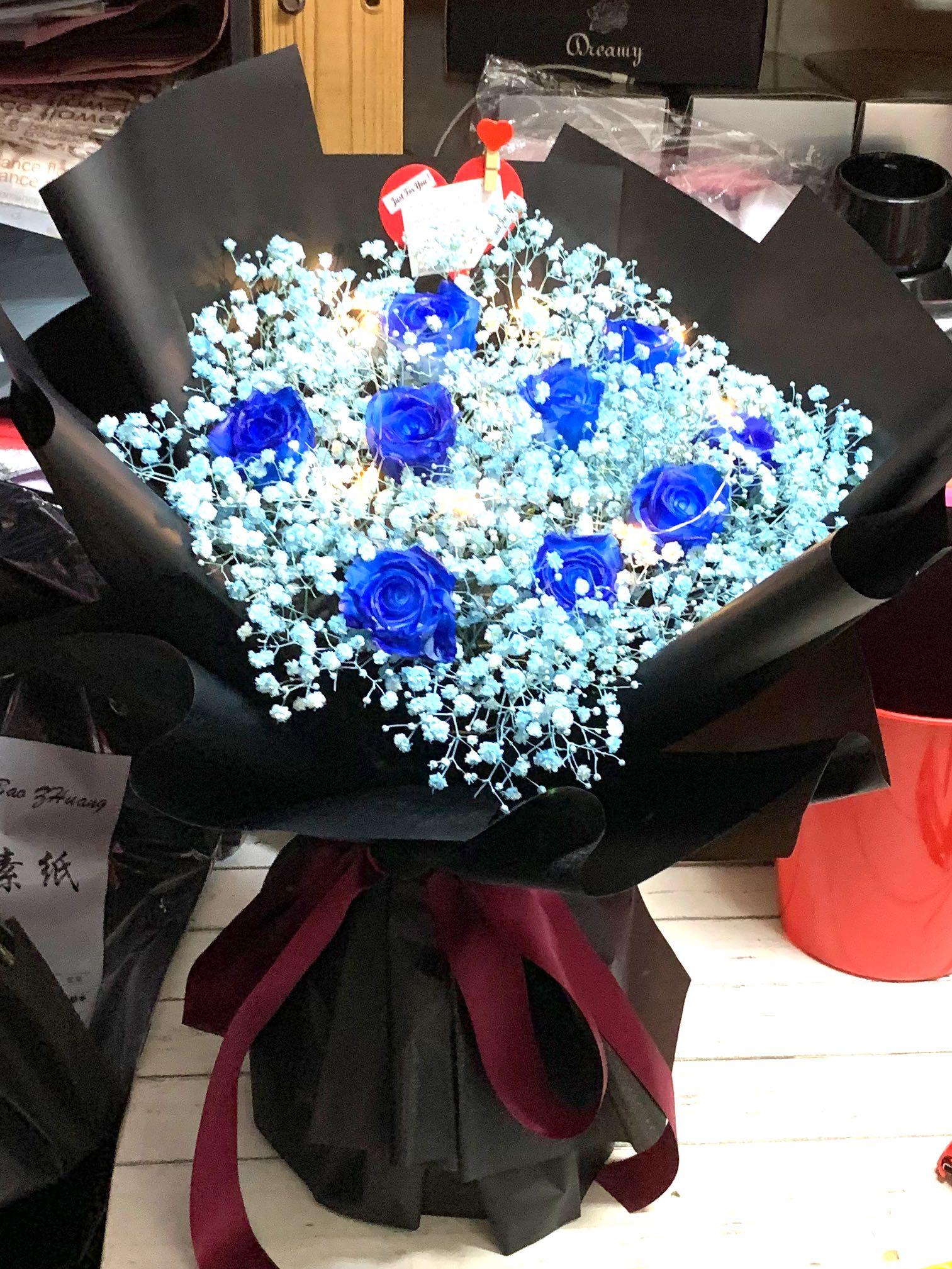 12 Blue Roses With Blue Baby's Breath