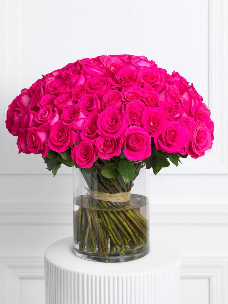 100 Fuchsia Pink Roses In Vase