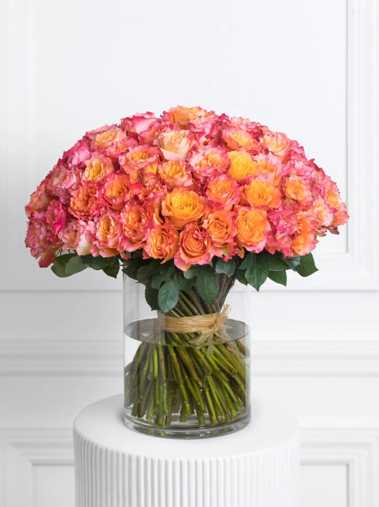 100 Rustic Orange Roses In Vase