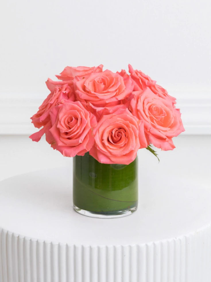 12 Coral Pink Roses In Vase