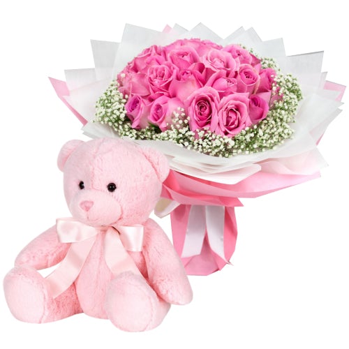 30 Pink Roses With Pink Teddy