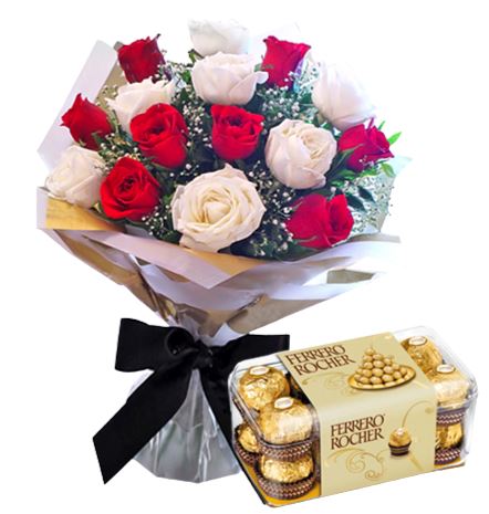 15 Red And White Rose With Ferrero Rocher