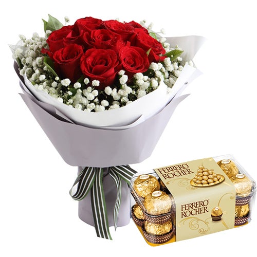 12 Red Rose Bouquet With Ferrero Rocher