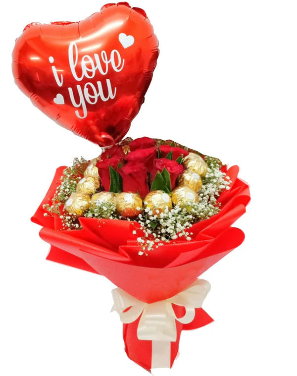 10 Red Rose With Chocolates And Balloon