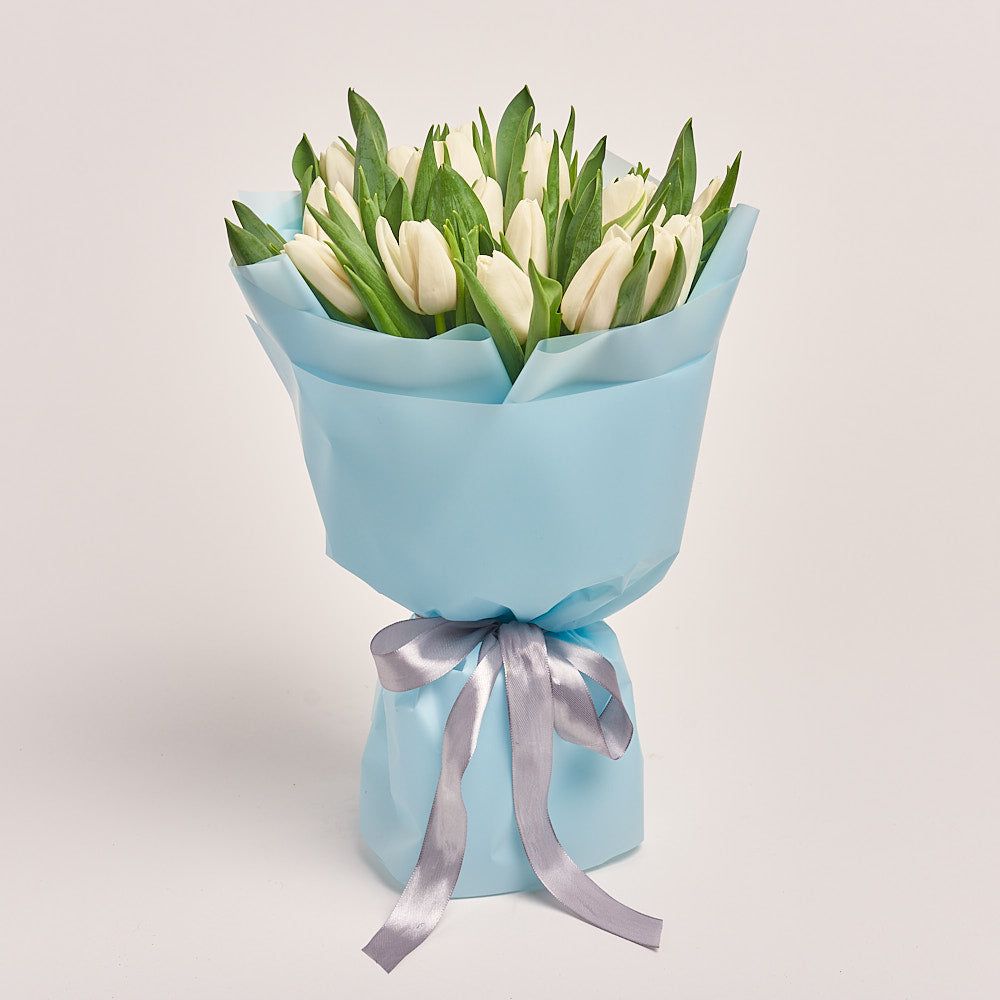 25 White Tulip Bouquet With Blue Wrapping