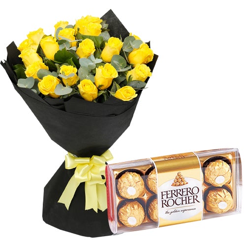 24 Yellow Roses With Ferrero Rocher